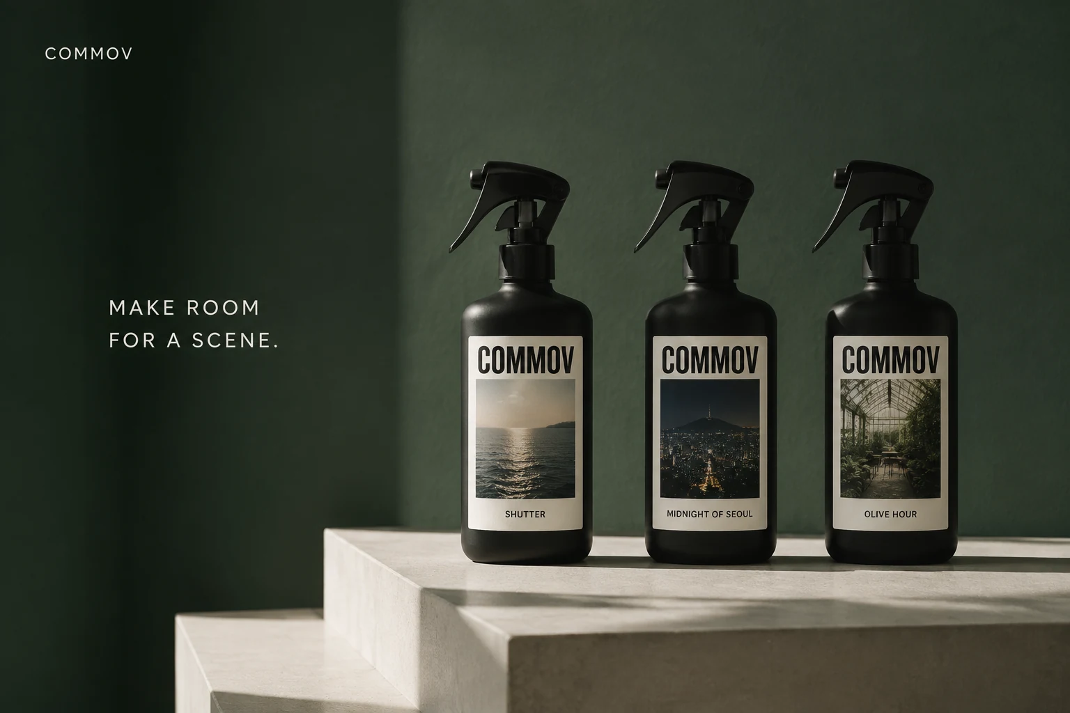 룸스프레이 · 세 가지 장면 · COMMOV 브랜드 콘셉트
